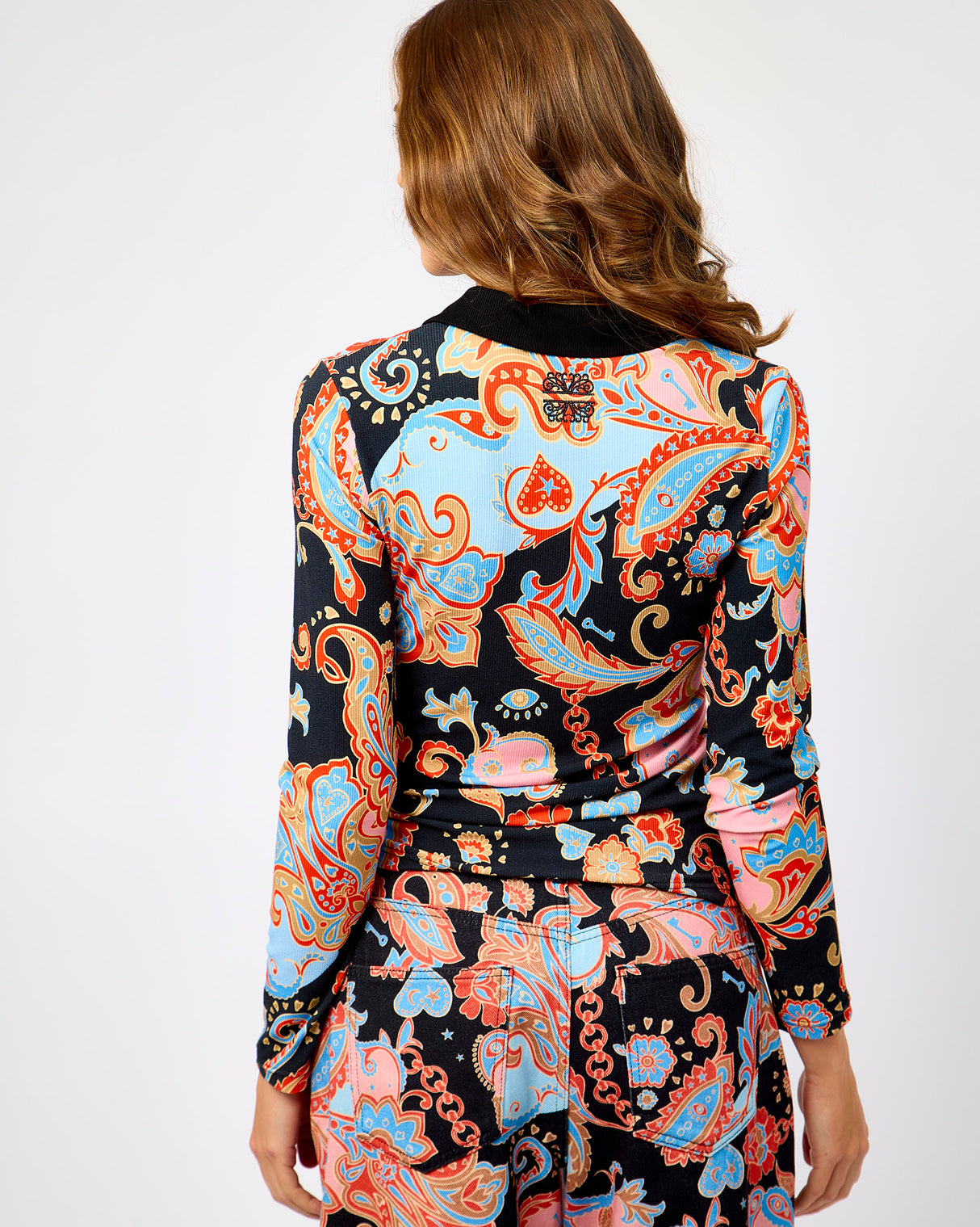 Black Paisley Print Long Sleeve Polo Shirt