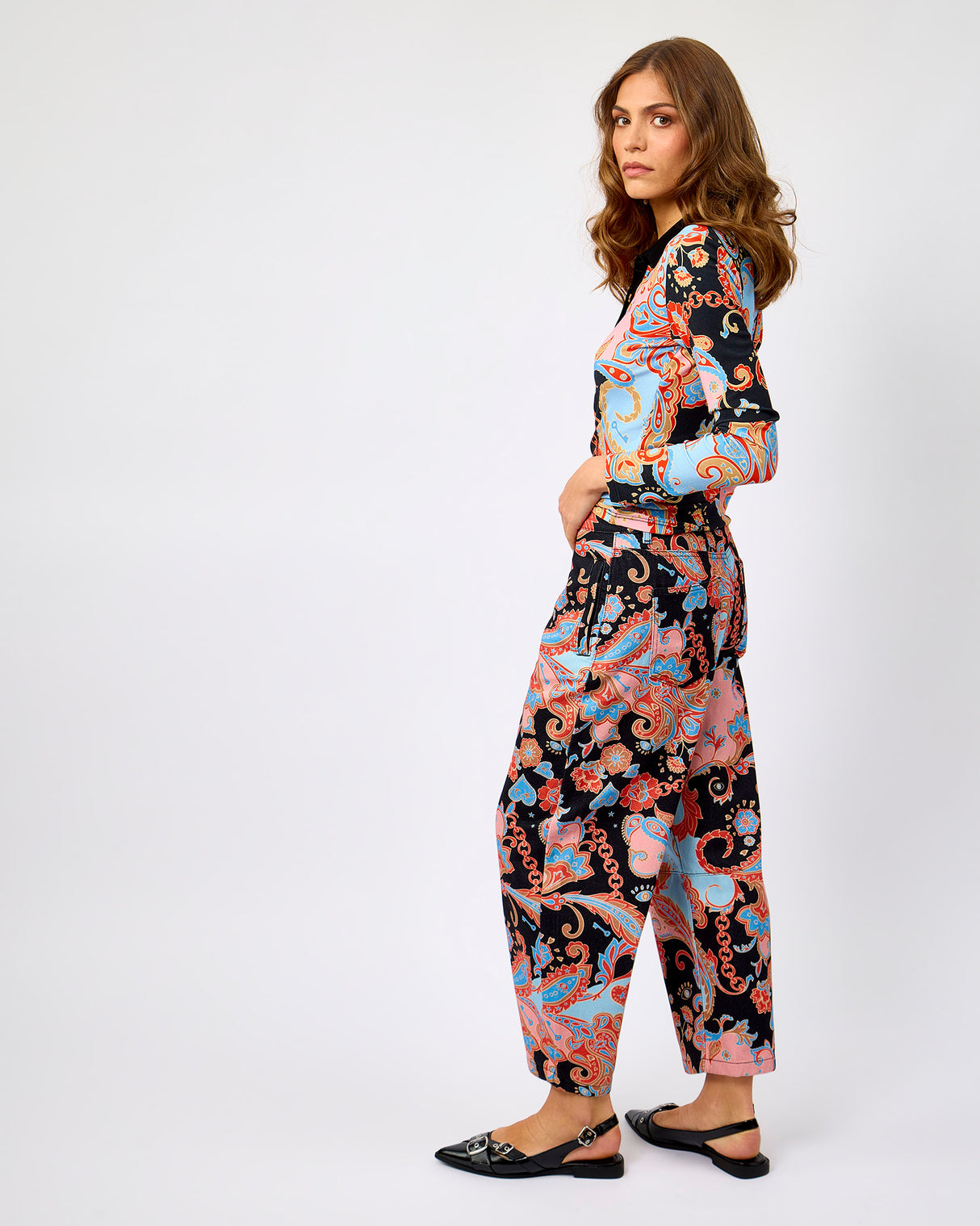Black Paisley Print Barrel Leg Jeans