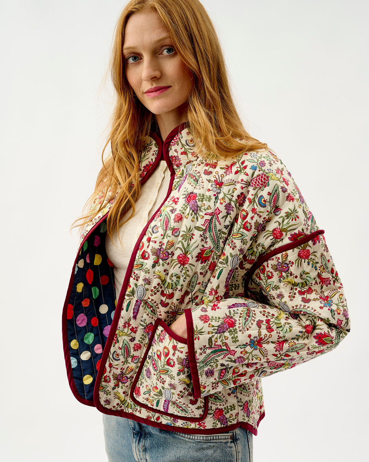 Ivory Forest Friends & Navy Spots Quilted Cotton Jacket
