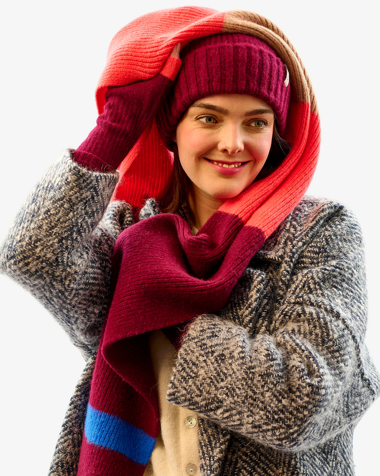 Neon Orange & Bordeaux Brushed Lambswool Stripe Scarf