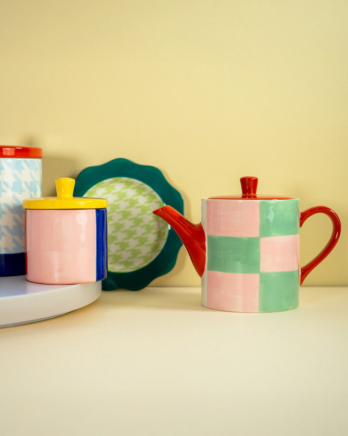 Pink & Green Check Stoneware Teapot