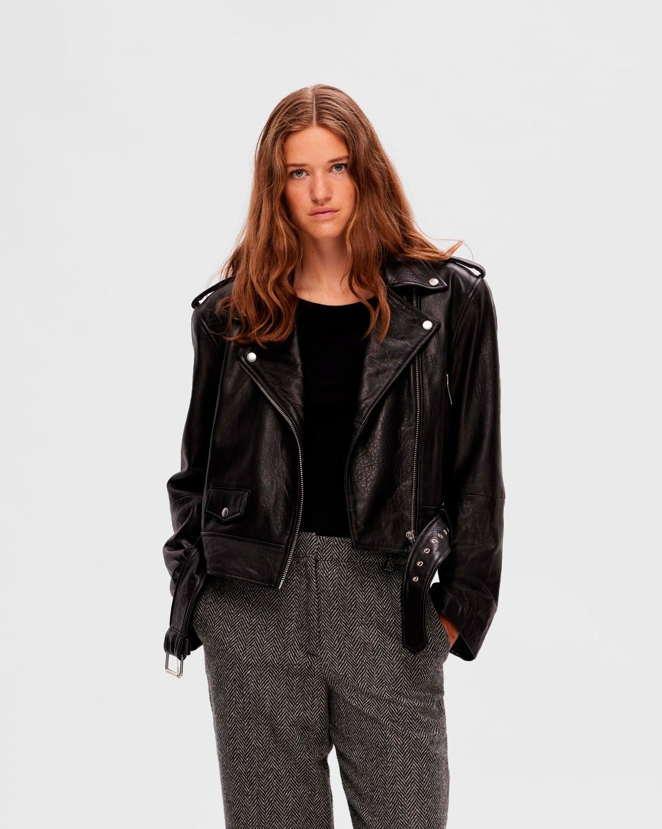 Black Idun Short Leather Biker Jacket