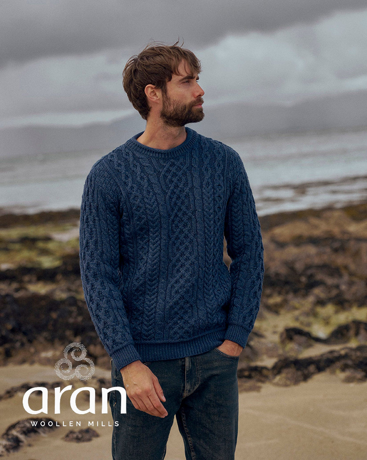 Navy Aran Merino Wool Knit Sweater