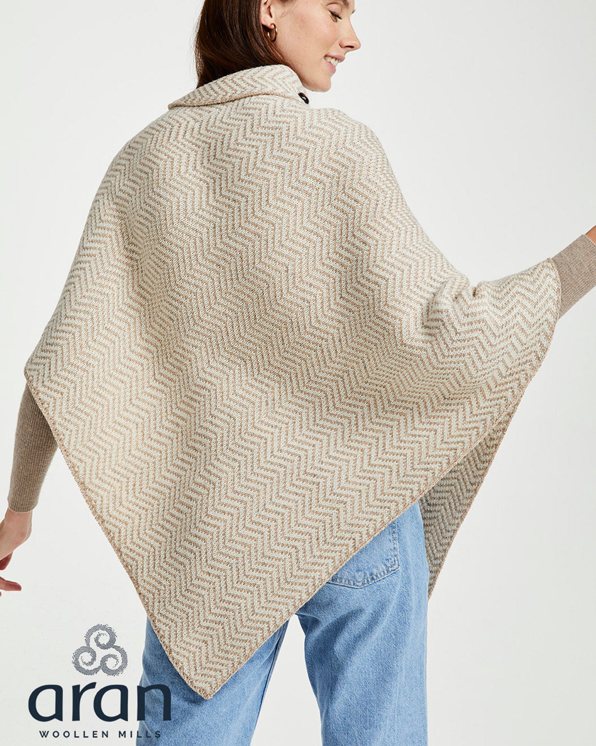 Beige Aran Merino Wool Herringbone Poncho