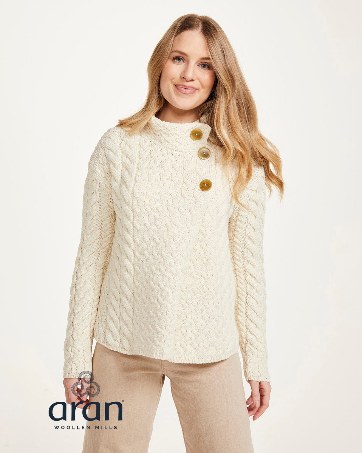 Cream Aran Merino Wool Asymmetric Cardigan
