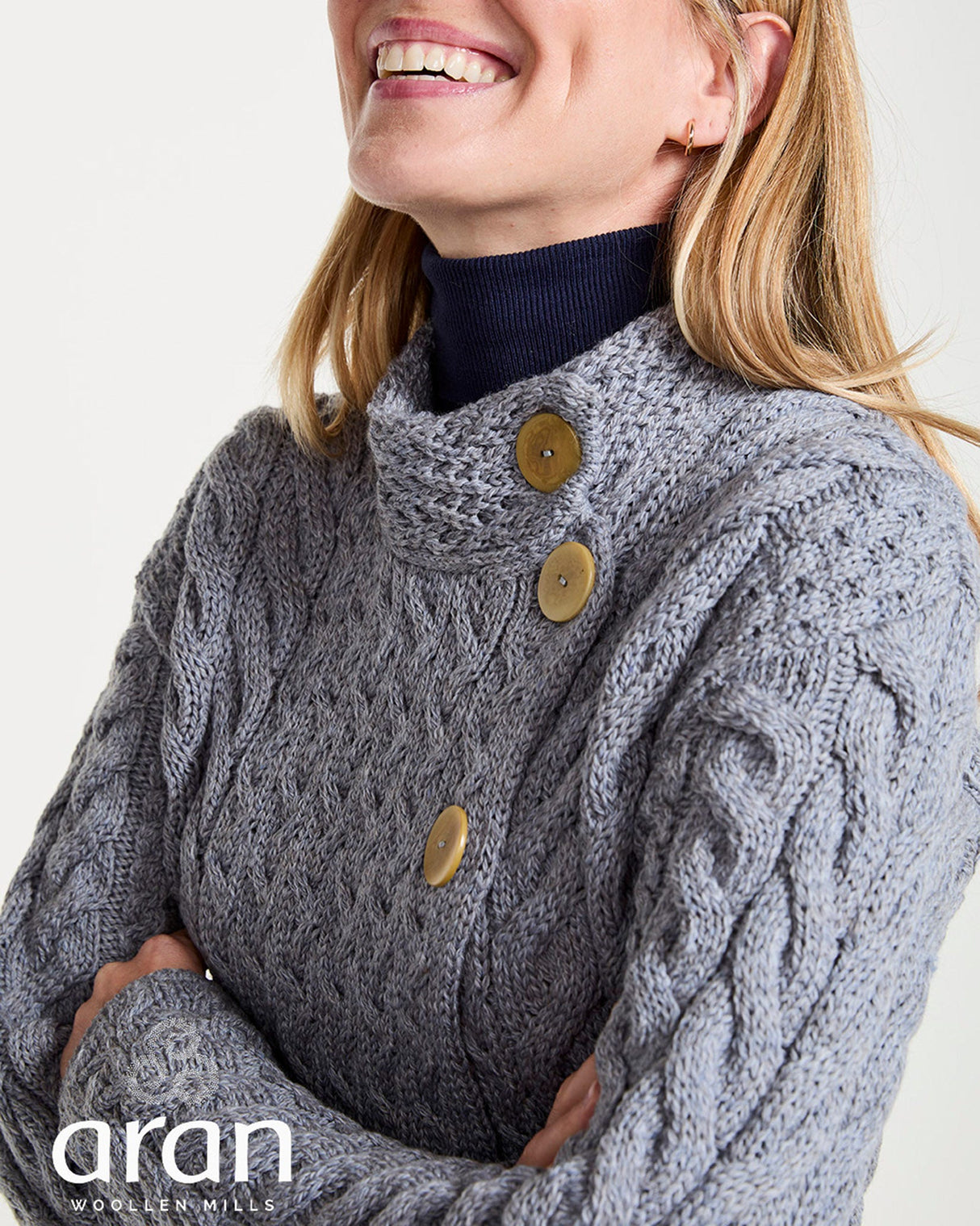 Grey Aran Merino Wool Asymmetric Cardigan