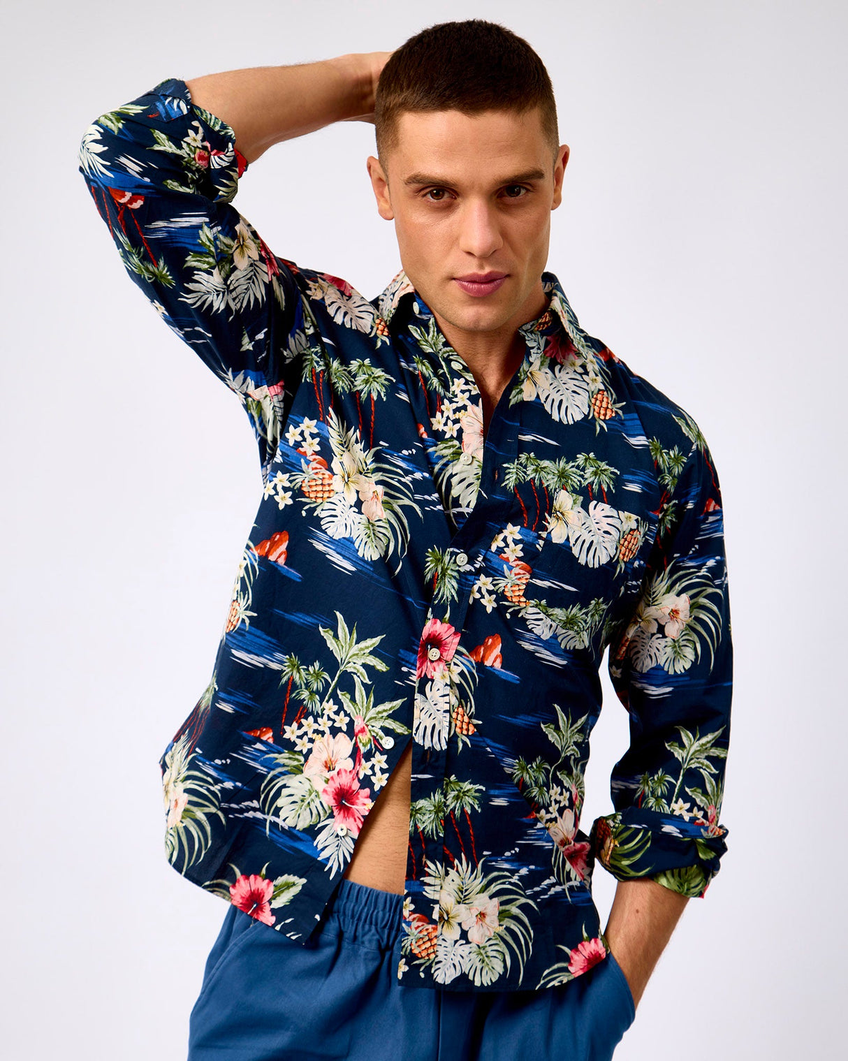Navy-Tropical-Print-Cotton-Shirt