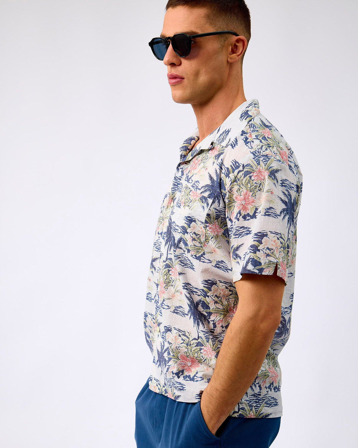 Blue-Palmito-Print-Short-Sleeve-Cotton-Shirt