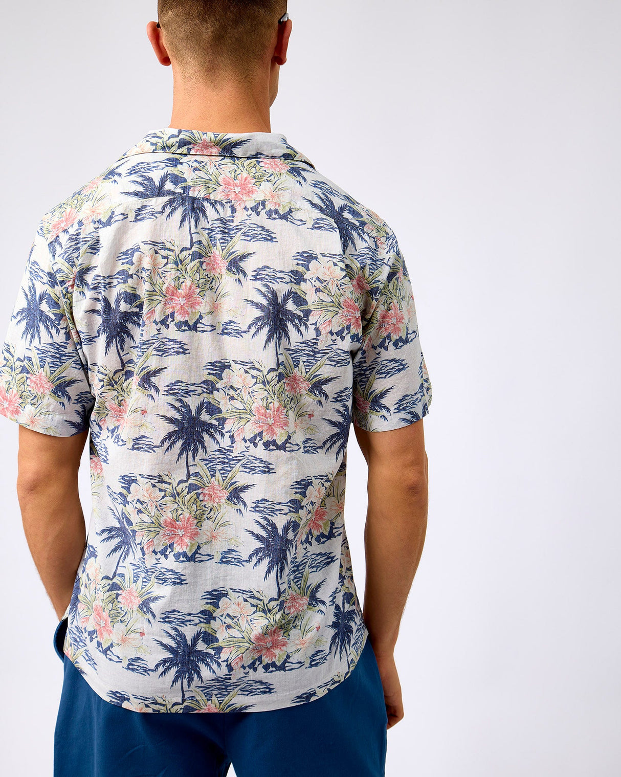 Blue Palmito Print Short Sleeve Cotton Shirt