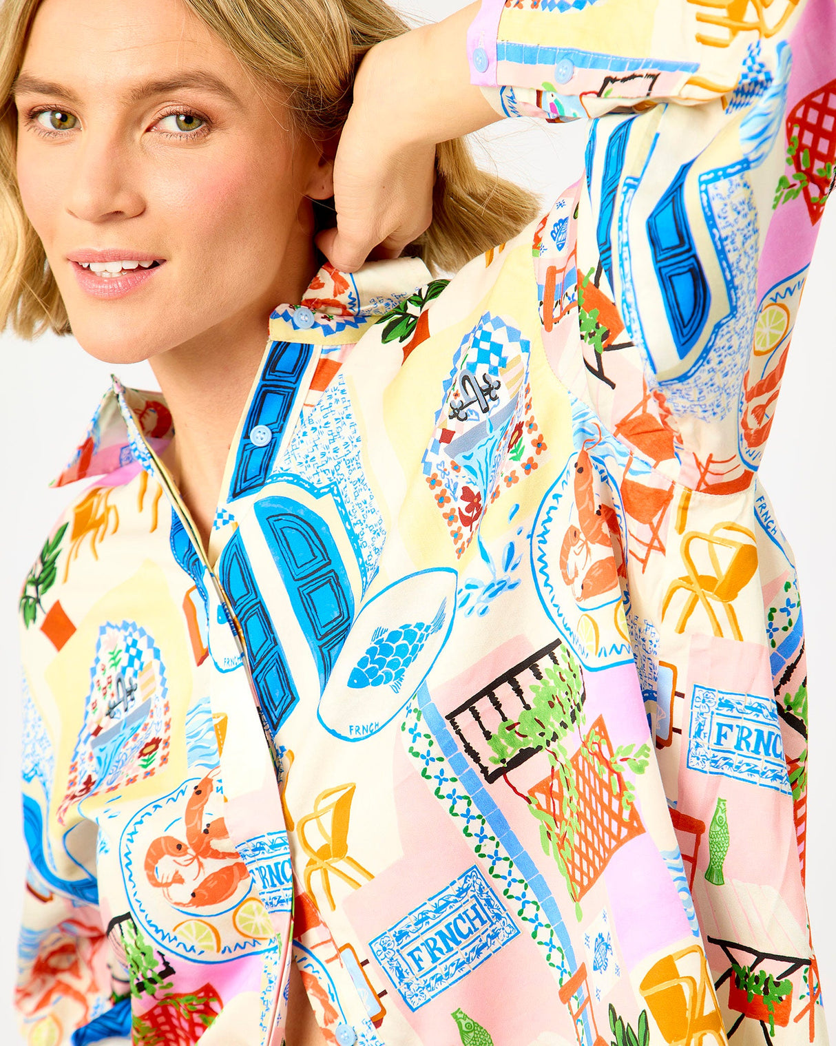 Water's Edge Print Topaze Pleated Sleeve Shirt