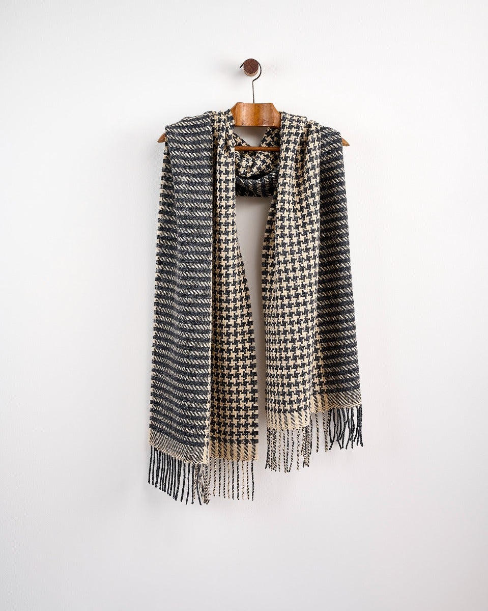 Charcoal Houndstooth Wide Donegal Tweed Scarf