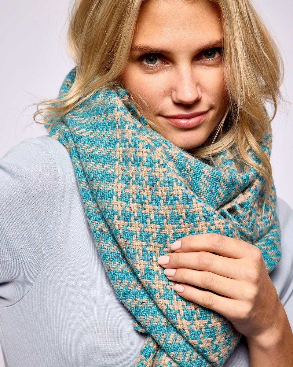 Turquoise Houndstooth Wide Donegal Tweed Scarf