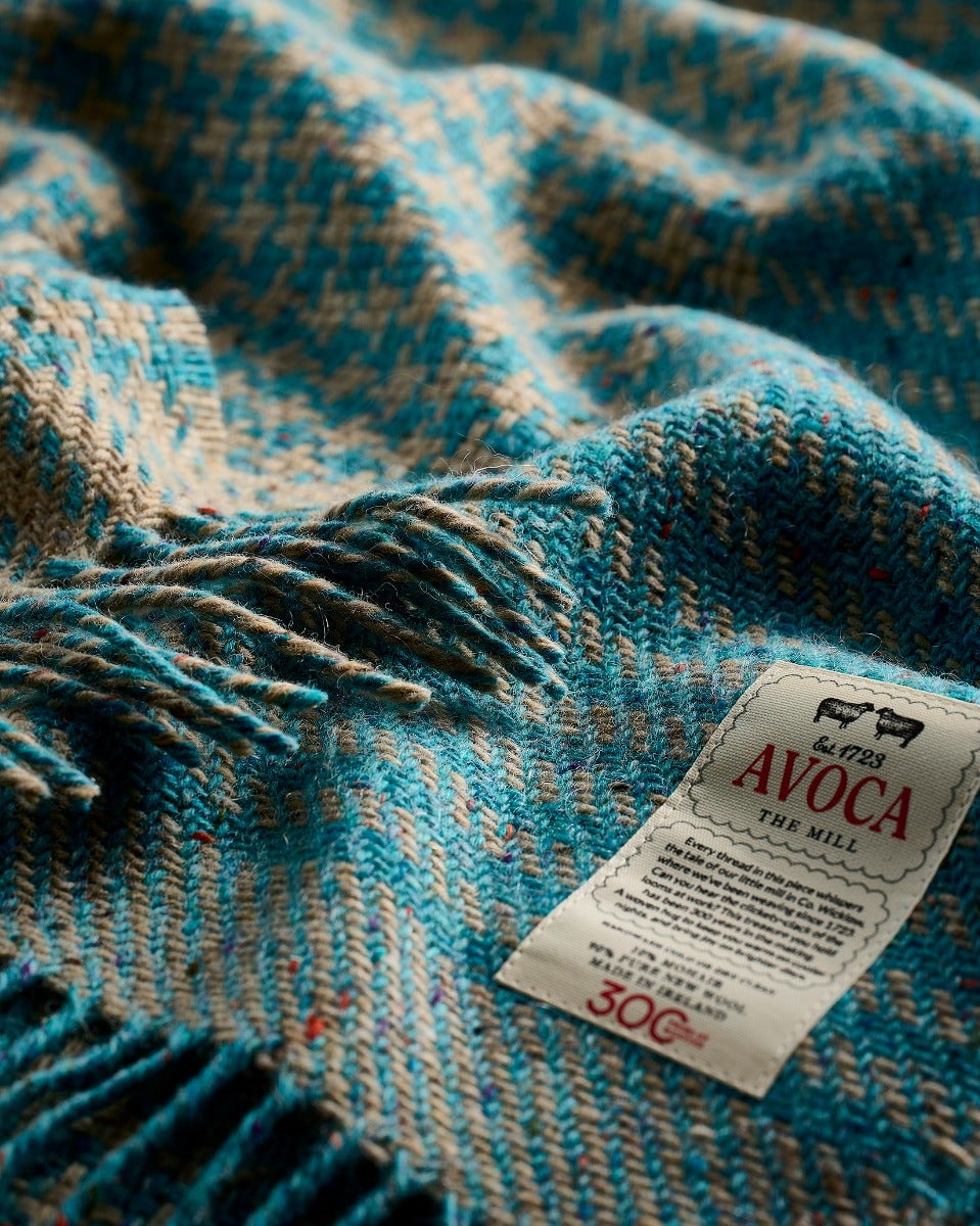 Turquoise Houndstooth Wide Donegal Tweed Scarf