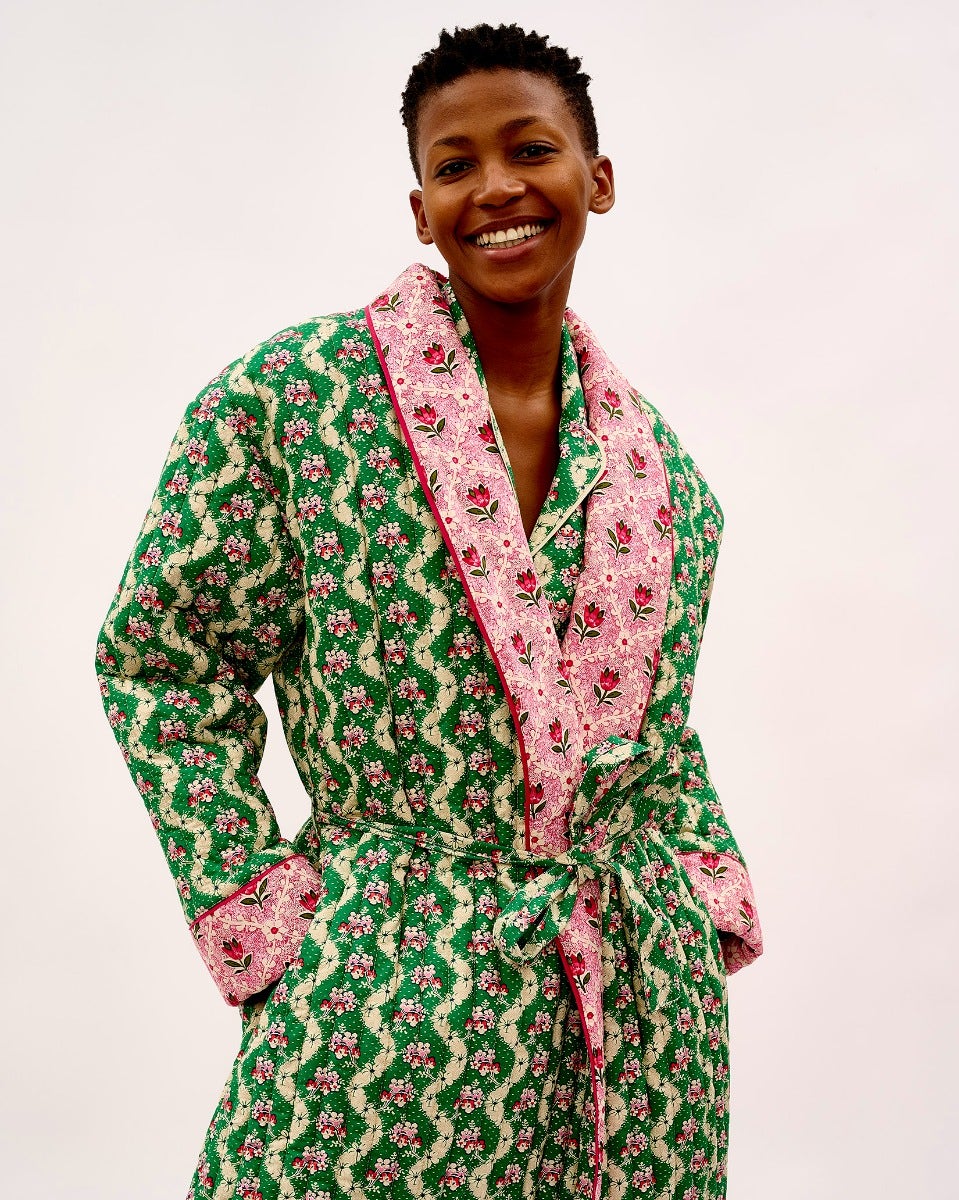 Green Wave & Pink Tulip Quilted Cotton Dressing Gown