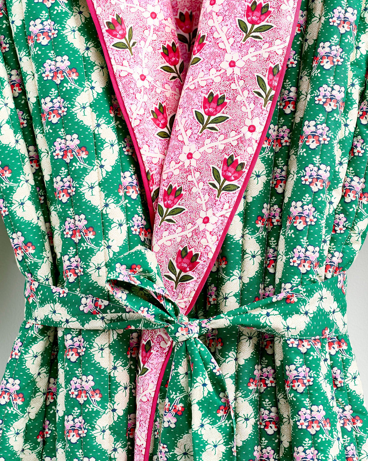 Green Wave & Pink Tulip Quilted Cotton Dressing Gown