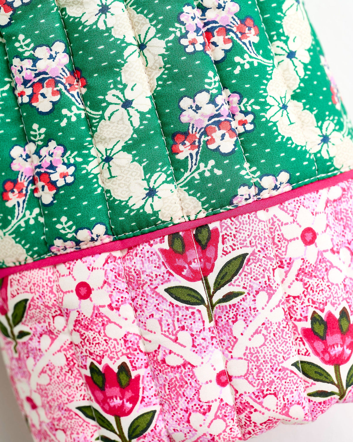 Green Wave & Pink Tulip Quilted Cotton Dressing Gown