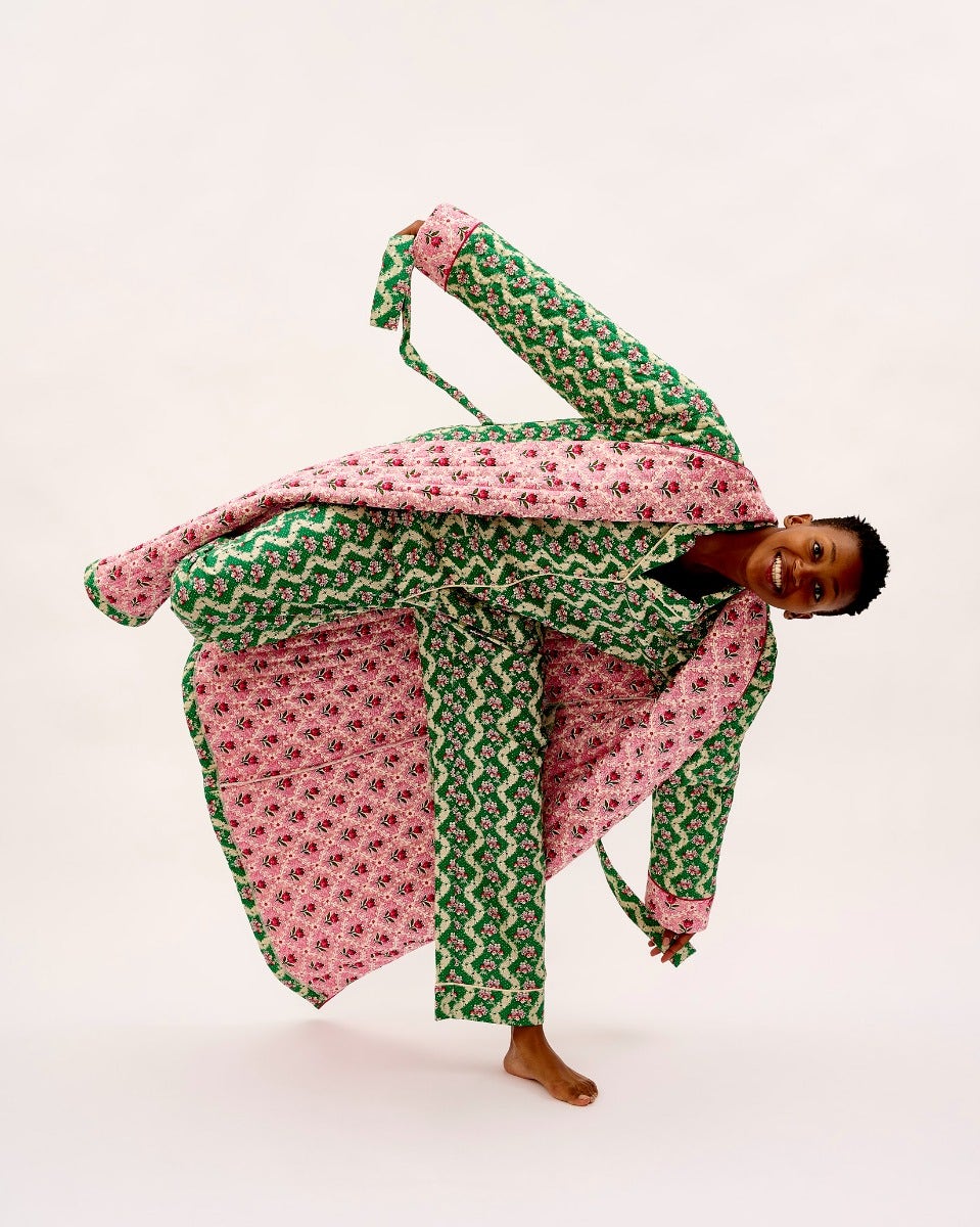 Green Wave & Pink Tulip Quilted Cotton Dressing Gown