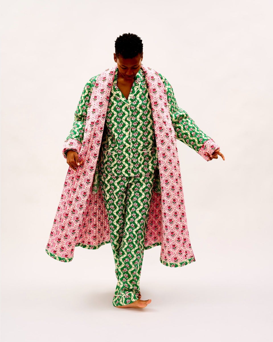Green Wave & Pink Tulip Quilted Cotton Dressing Gown