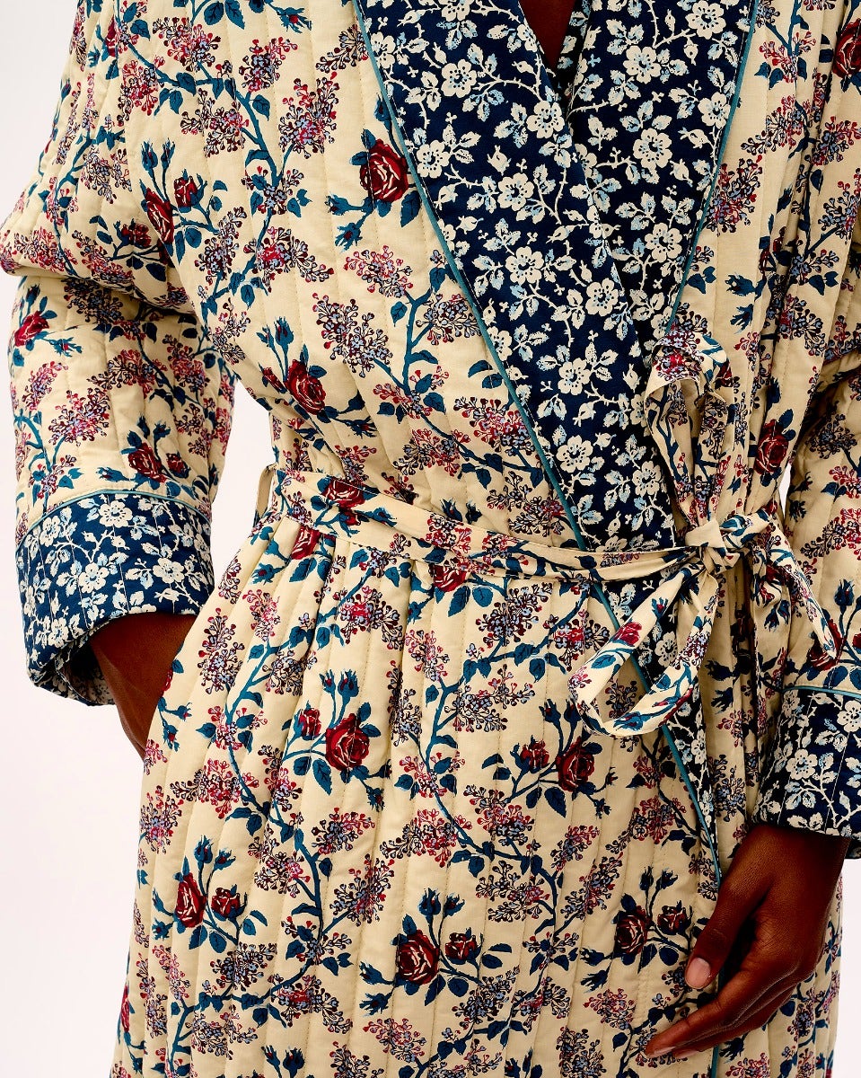 Orange Rose & Mini Floral Navy Quilted Cotton Dressing Gown