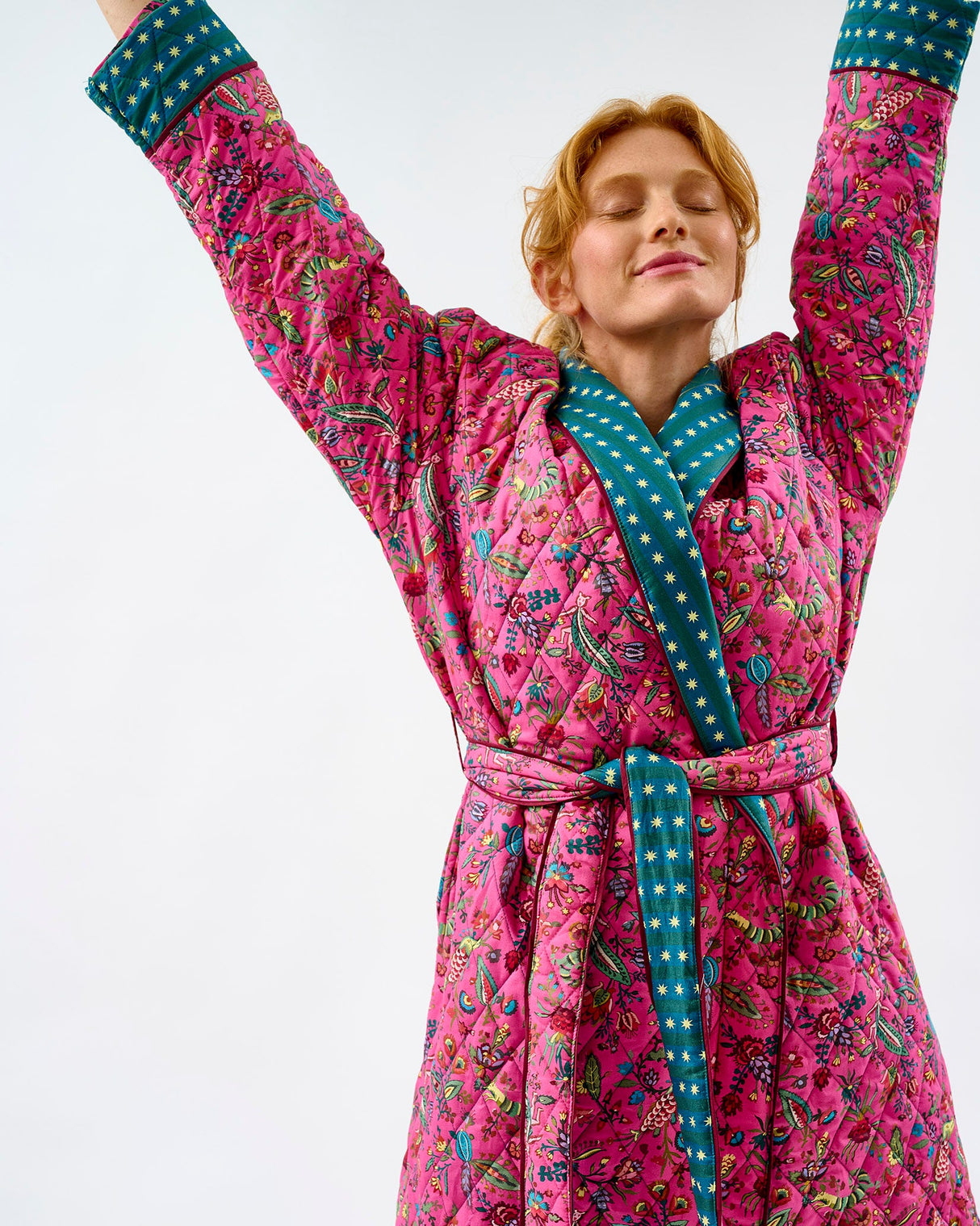 Fuchsia-Forest-Teal-Stripes-Quilted-Cotton-Dressing-Gown