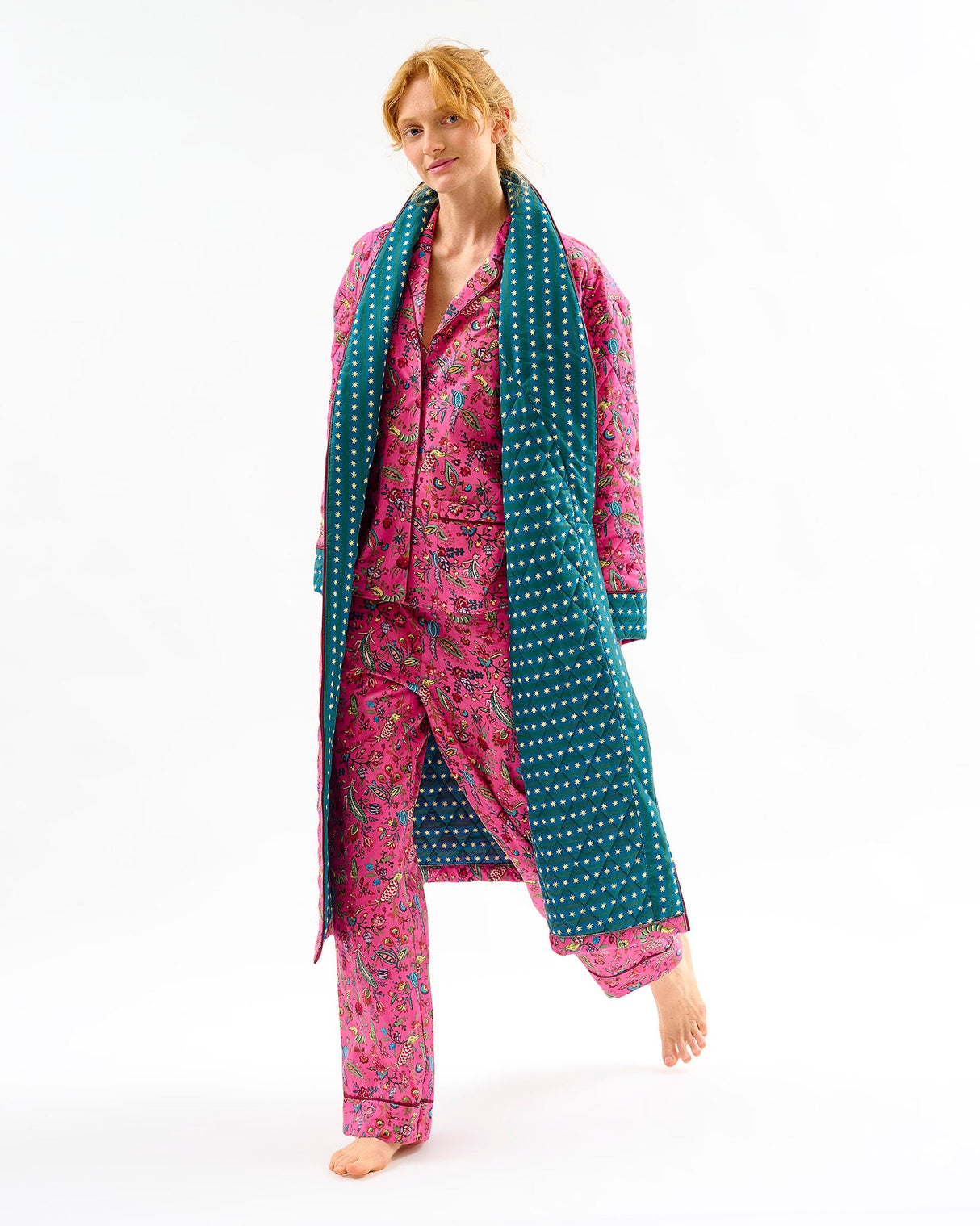 Fuchsia-Forest-Teal-Stripes-Quilted-Cotton-Dressing-Gown