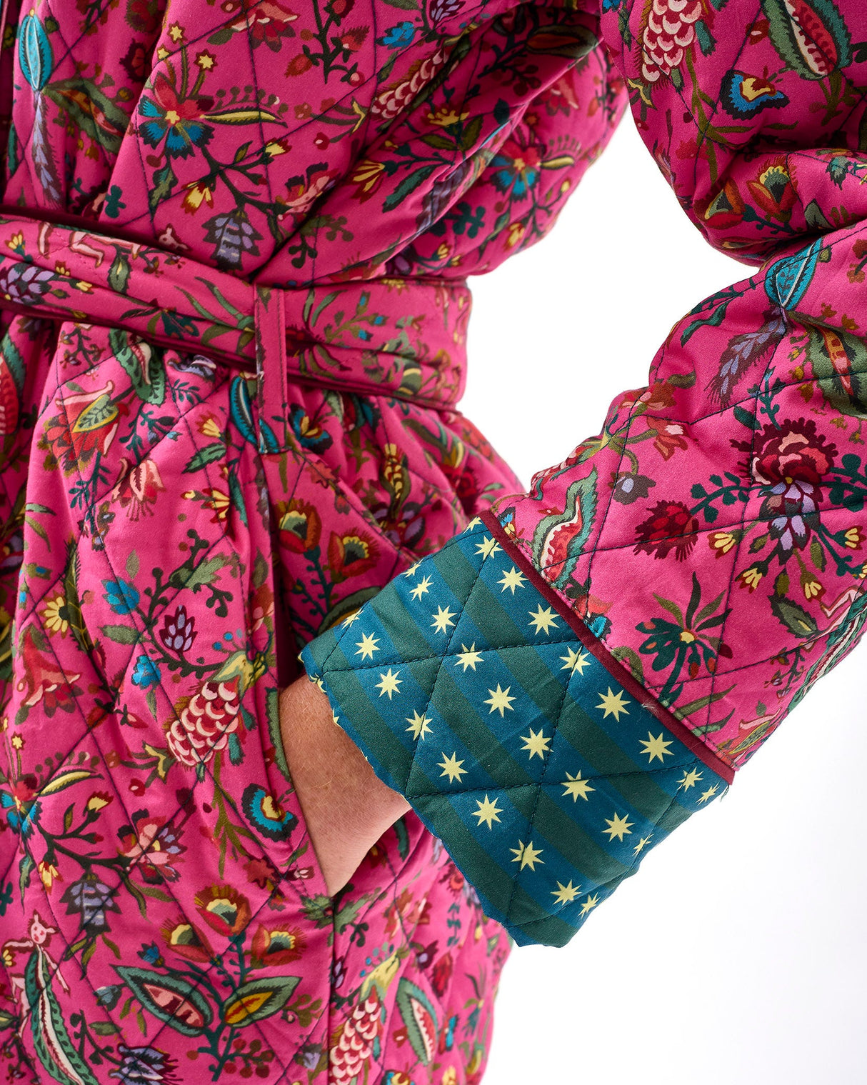Fuchsia Forest & Teal Stripes Quilted Cotton Dressing Gown
