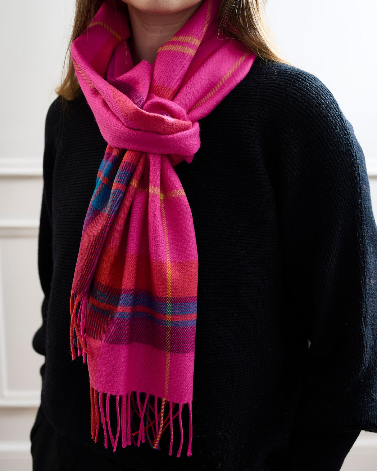 Hot Pink Check Wide Merino Scarf