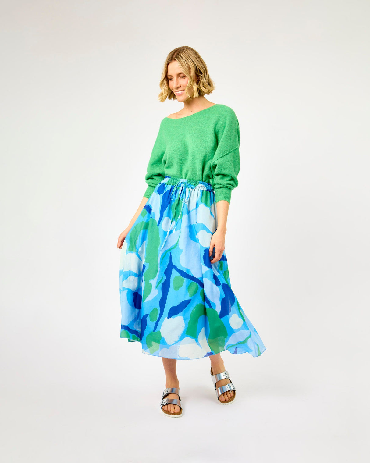 Blue-Water-Lily-Print-Sargasso-Lined-Midi-Skirt