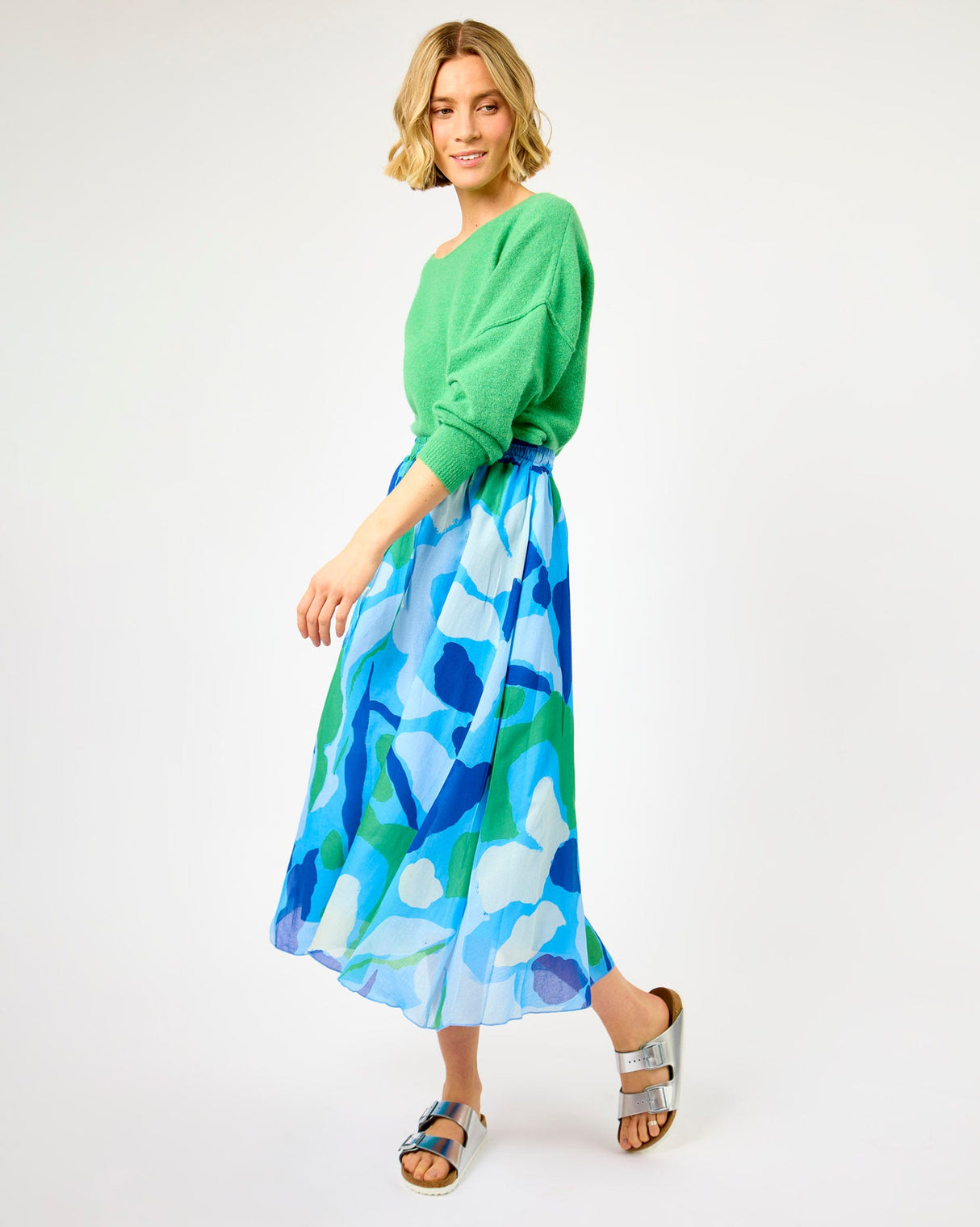 Blue Water Lily Print Sargasso Lined Midi Skirt