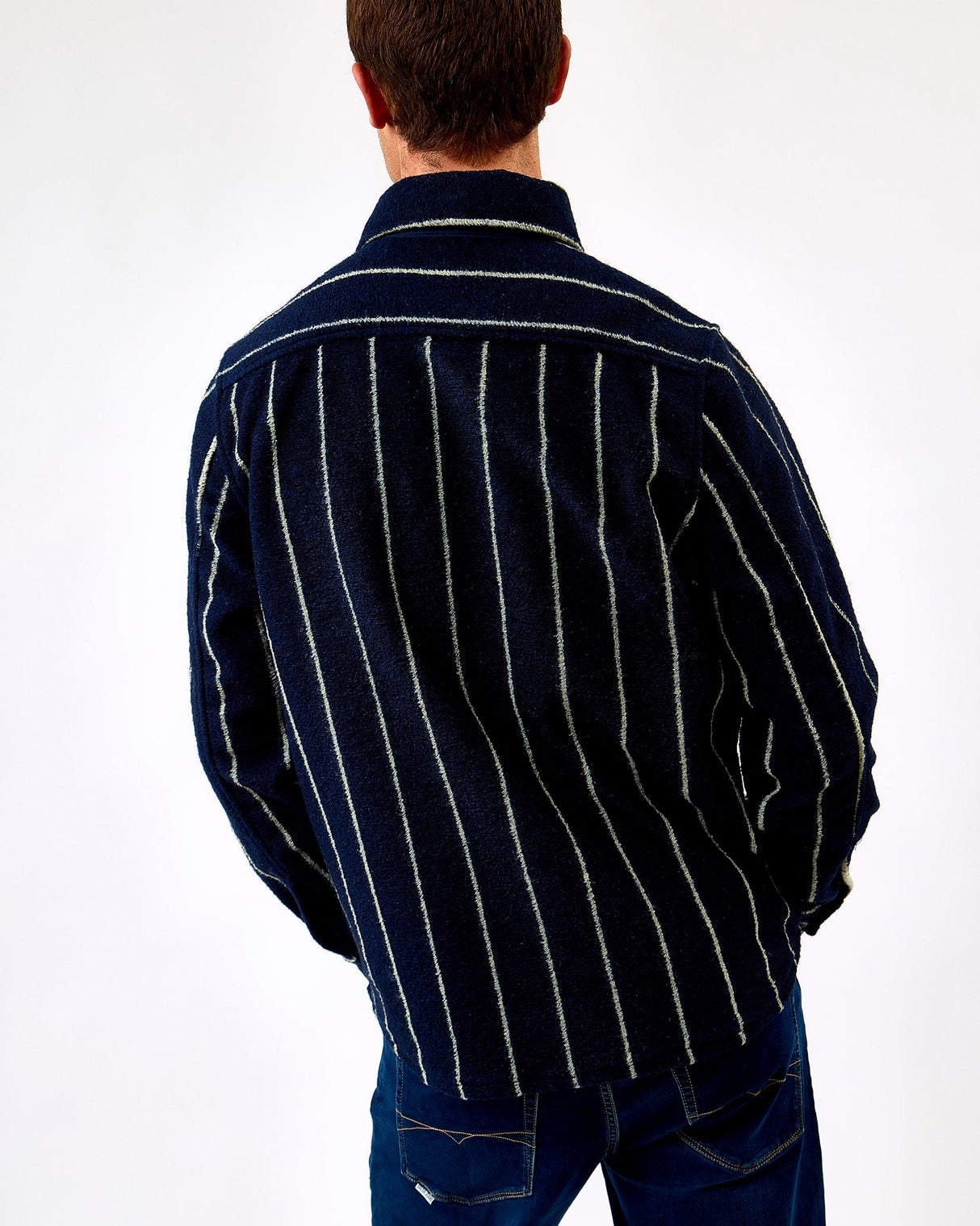 Dark Navy Lennon Wool Pinstripe Overshirt