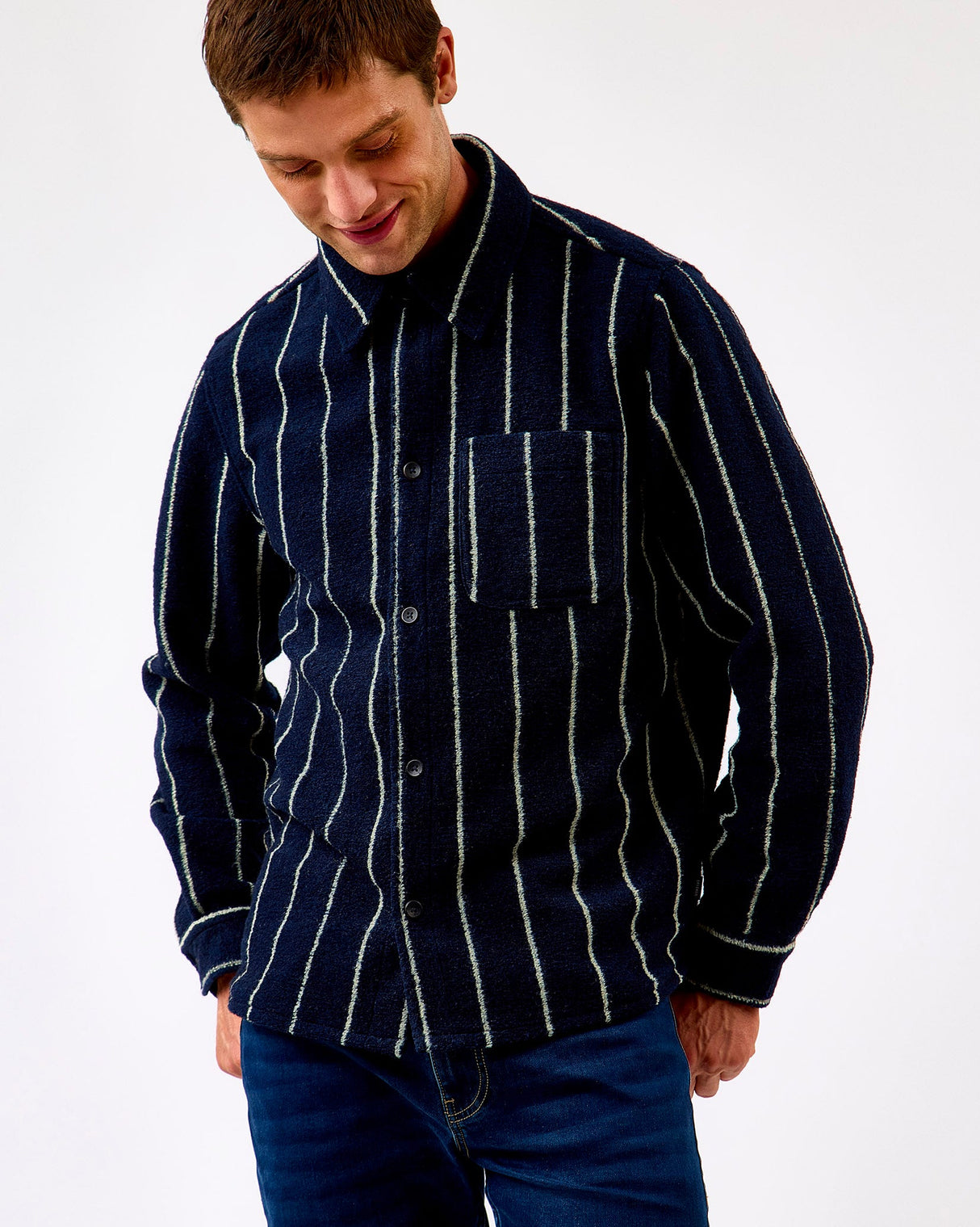Dark Navy Lennon Wool Pinstripe Overshirt