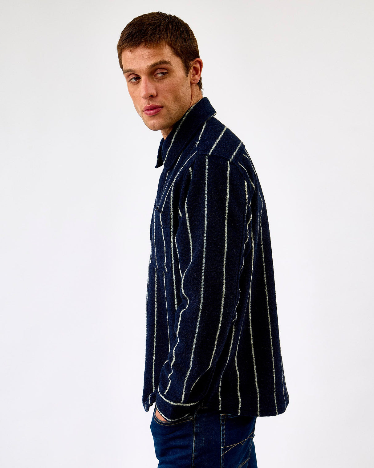 Dark Navy Lennon Wool Pinstripe Overshirt