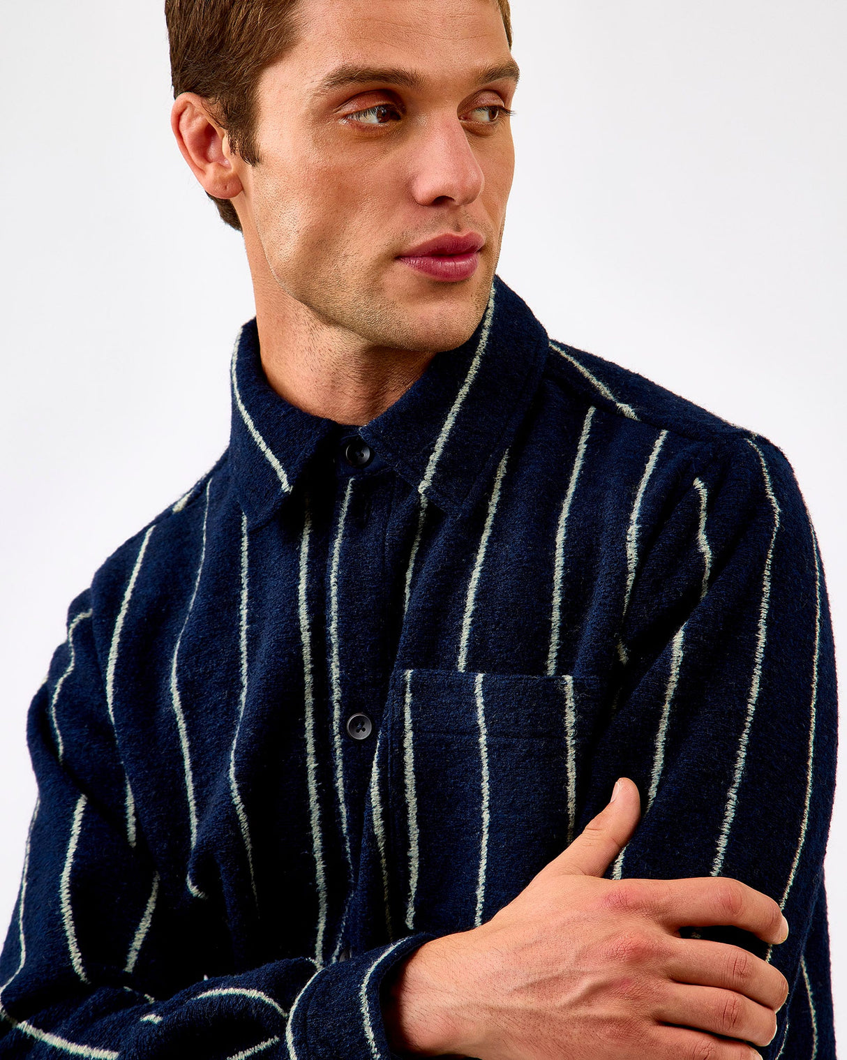 Dark Navy Lennon Wool Pinstripe Overshirt