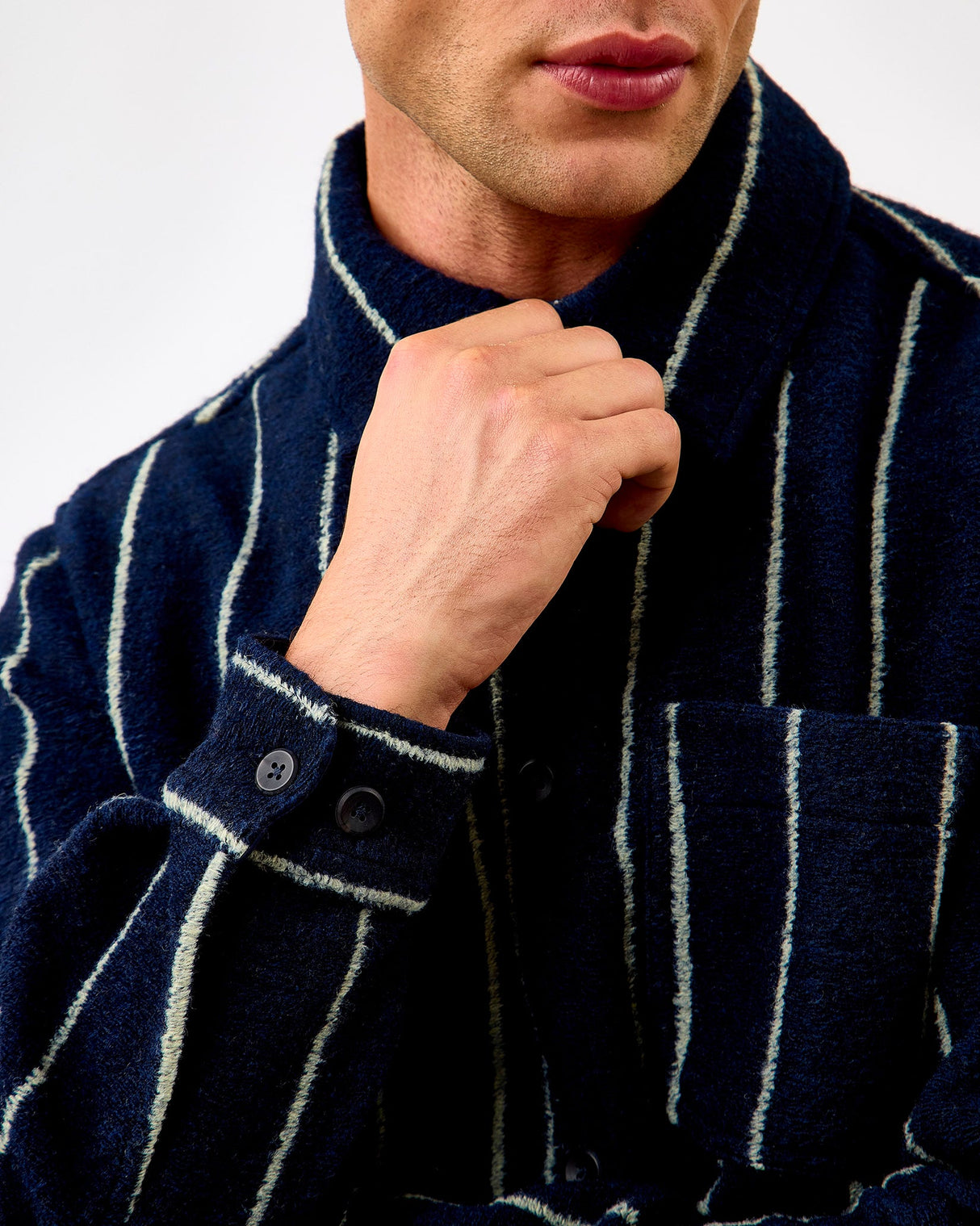 Dark Navy Lennon Wool Pinstripe Overshirt