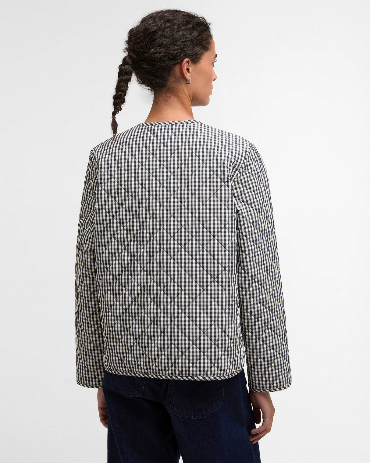 Navy-Gingham-Cashel-Collarless-Quilted-Coat