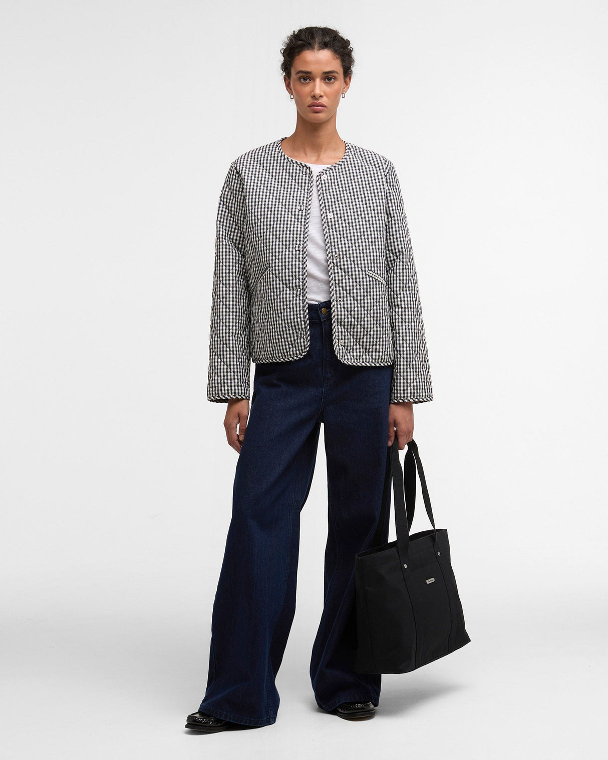 Navy Gingham Cashel Collarless Quilted Coat