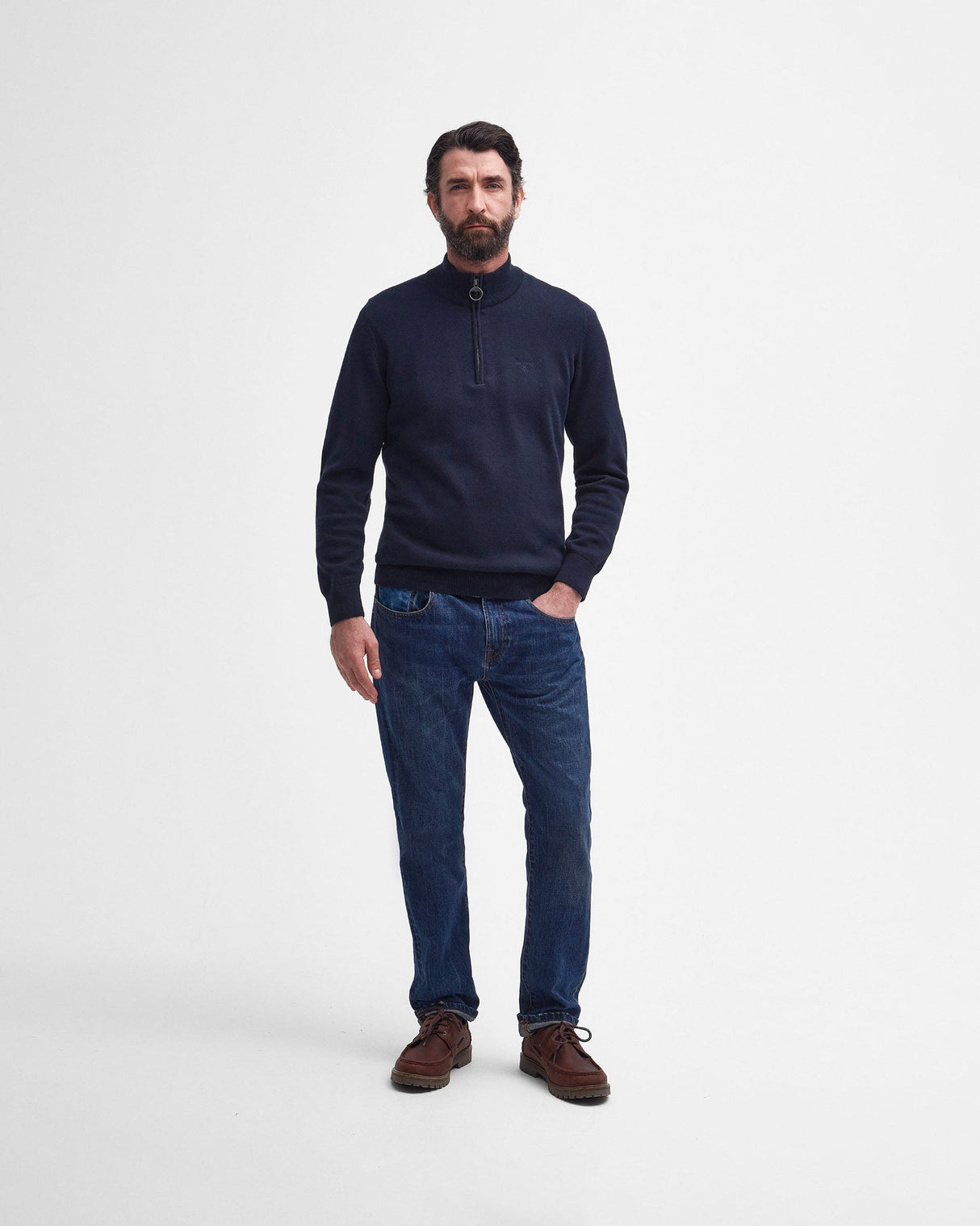 Navy Cotton Half Zip Knitted Jumper