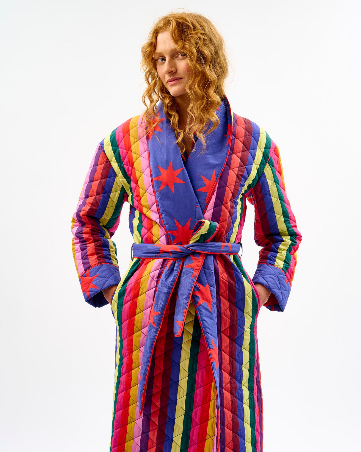 Multicolour Stripes & Red Stars Quilted Cotton Dressing Gown