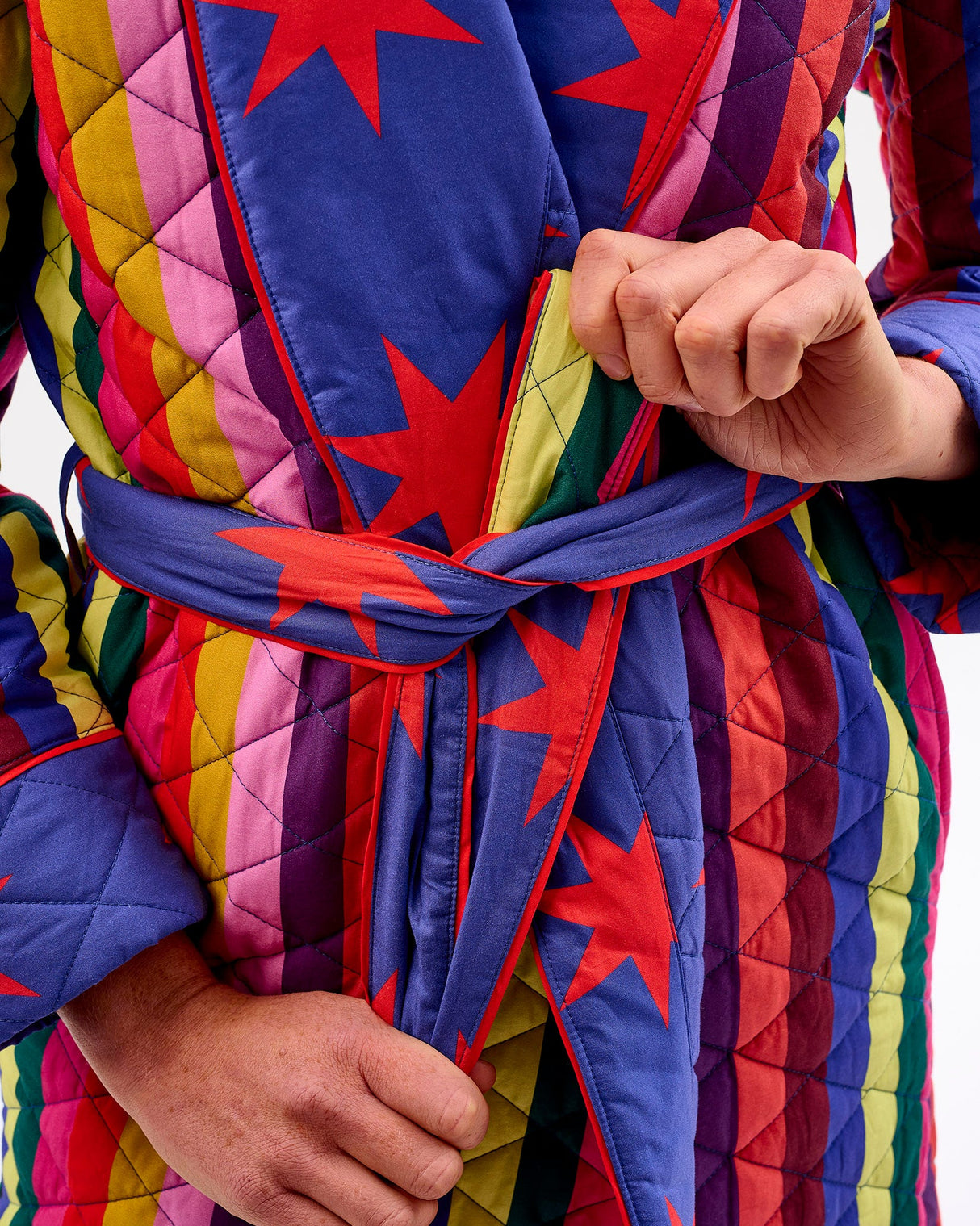 Multicolour Stripes & Red Stars Quilted Cotton Dressing Gown