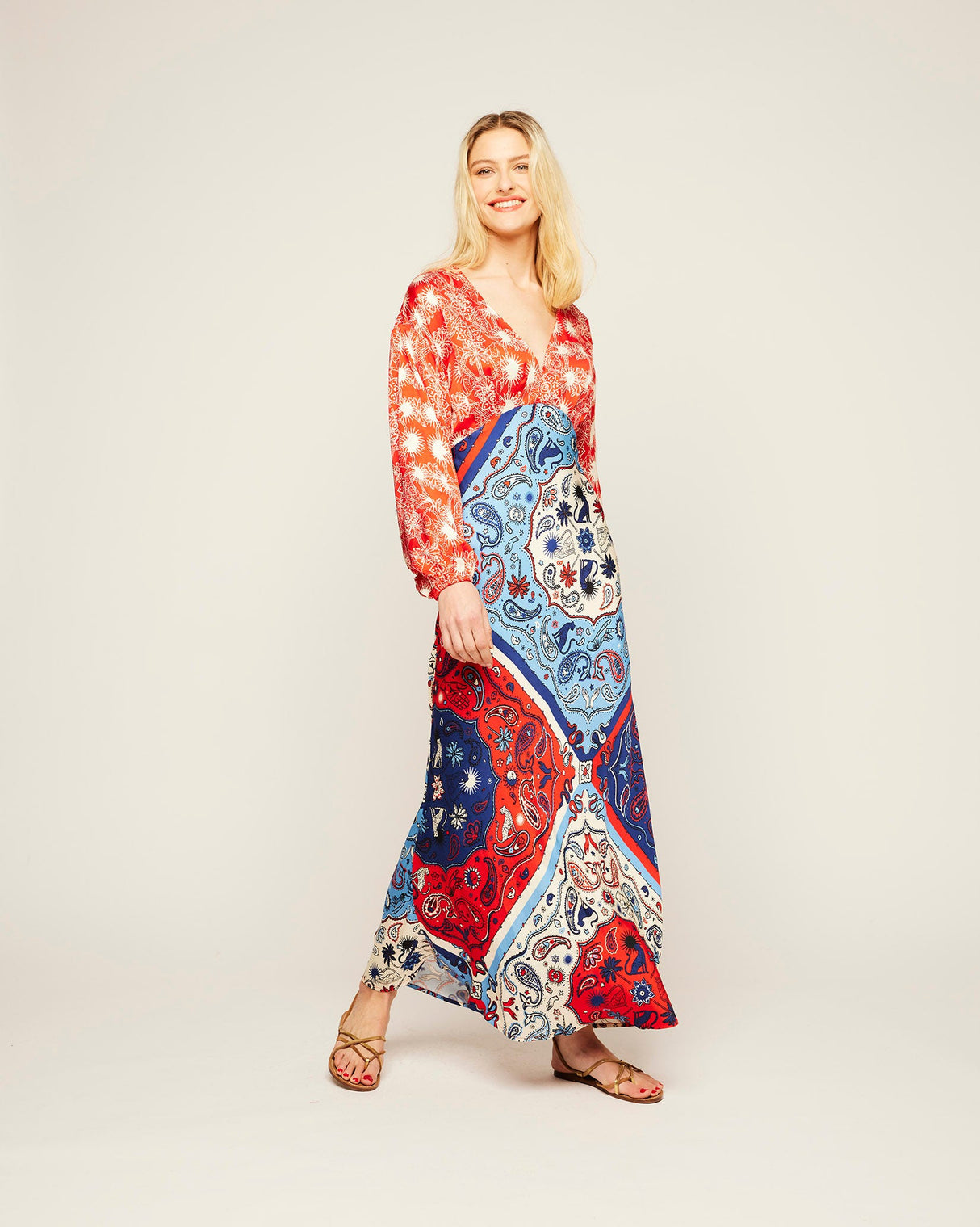 Red-Blue-Bandana-Print-Clash-Dress