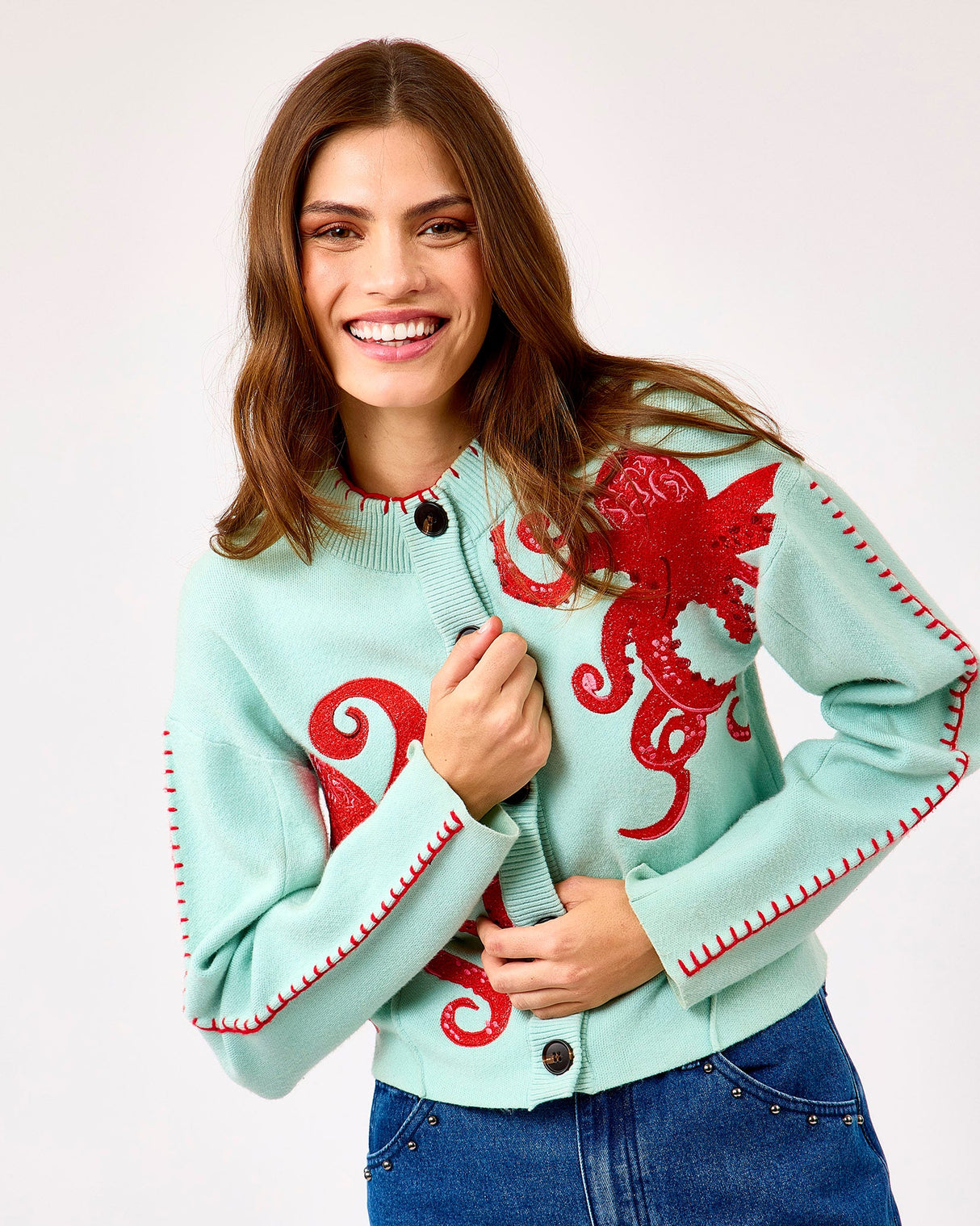 Blue Embroidered Octopus Knit Cardigan