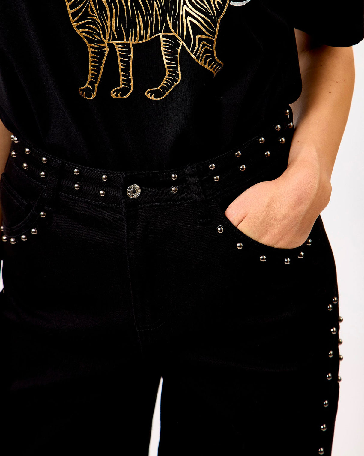 Black Denim Studded Barrel Jeans