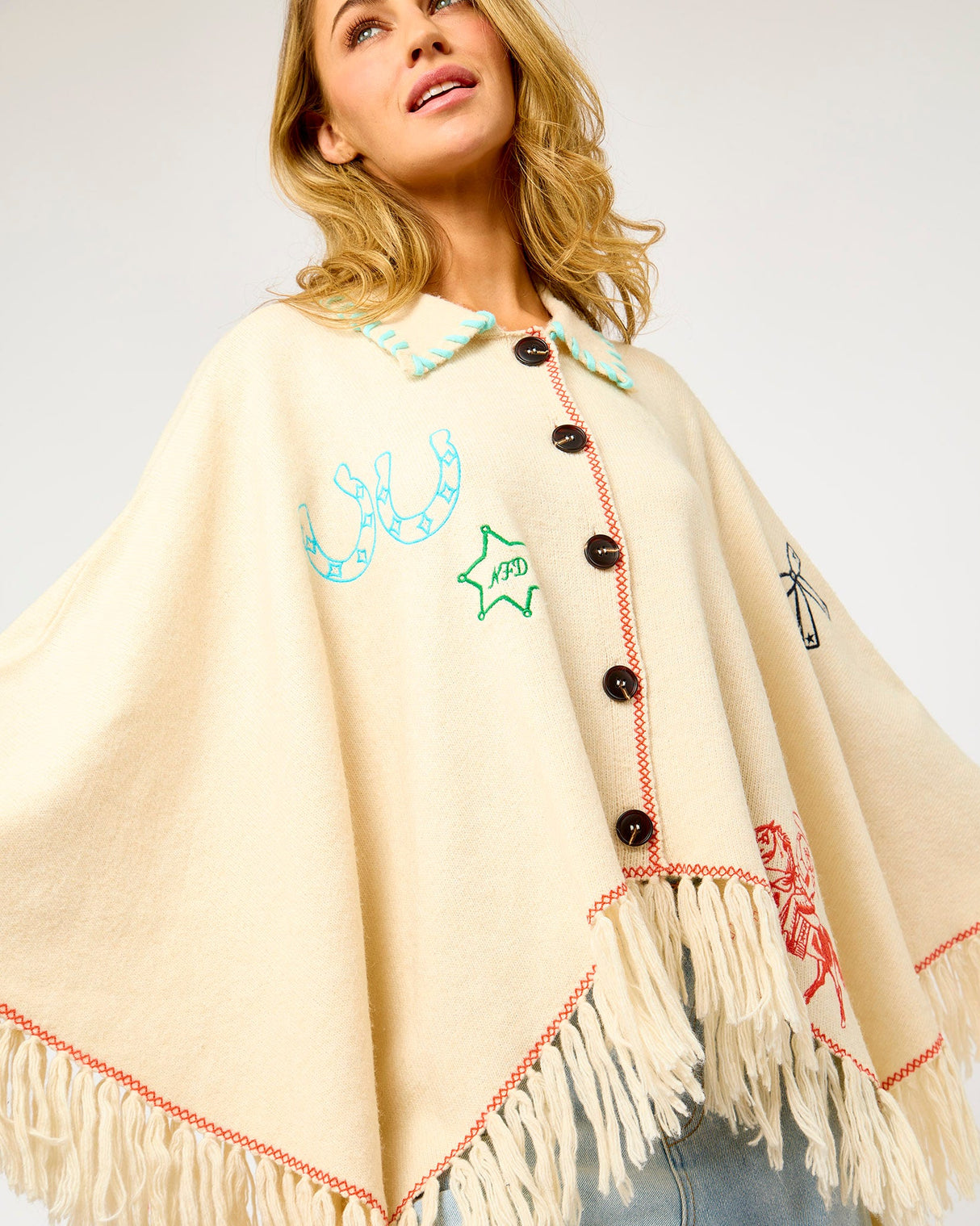 Cream Western Print Knitted Cape
