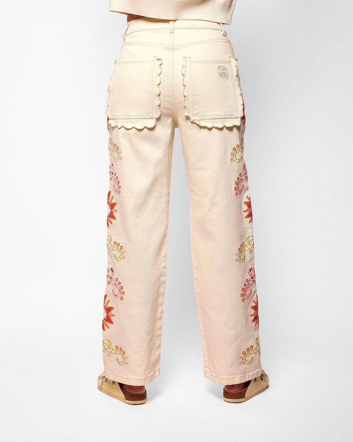 Cream Embroidered Scallop Jeans