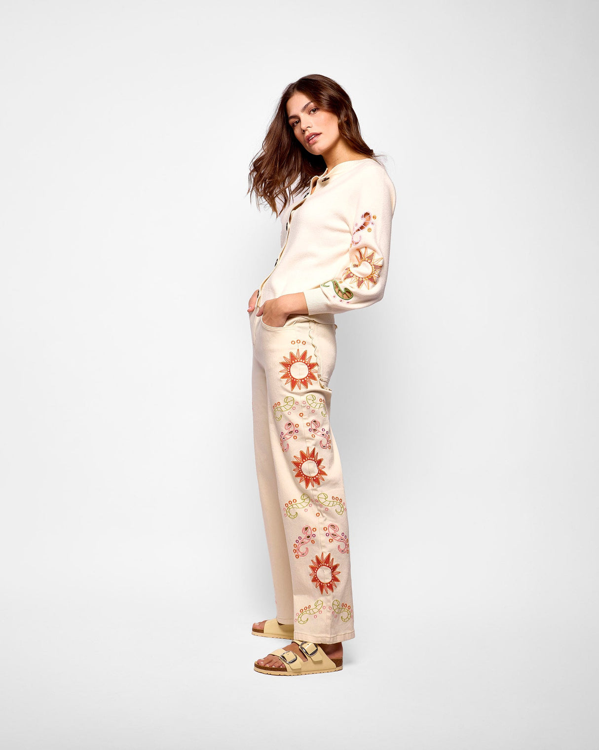 Cream Embroidered Scallop Jeans