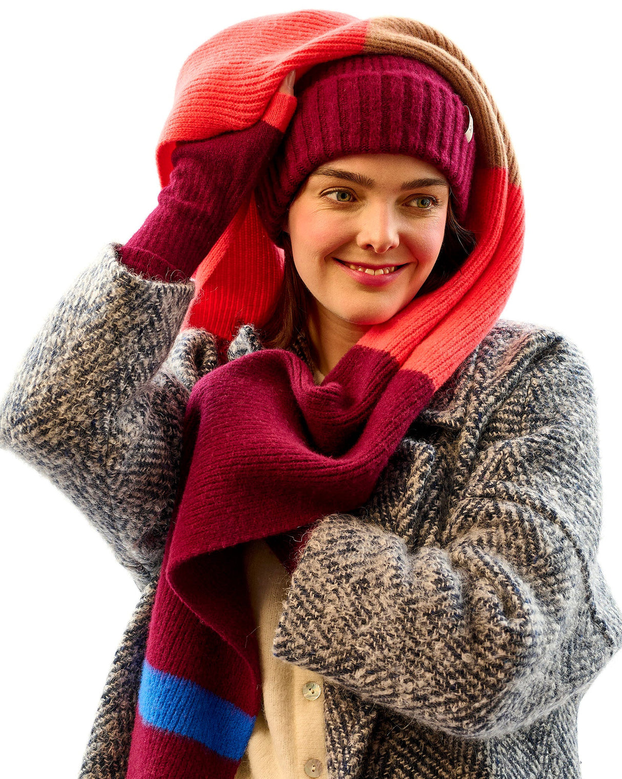 Neon-Orange-Bordeaux-Brushed-Lambswool-Stripe-Scarf