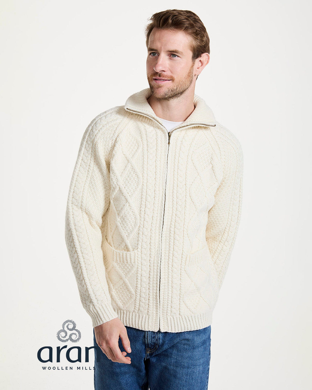 Cream Aran Merino Wool Zip Knit Cardigan