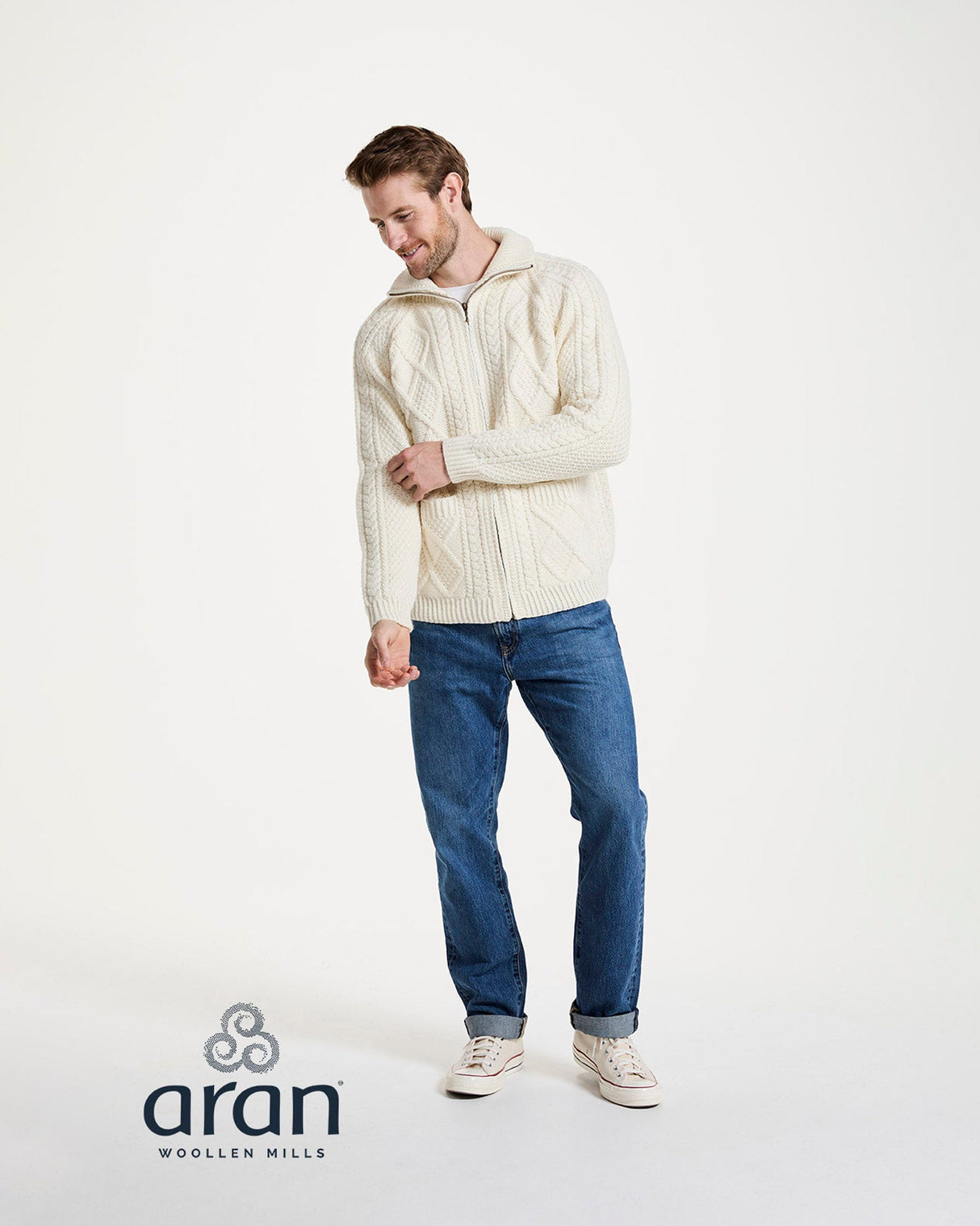 Cream Aran Merino Wool Zip Knit Cardigan