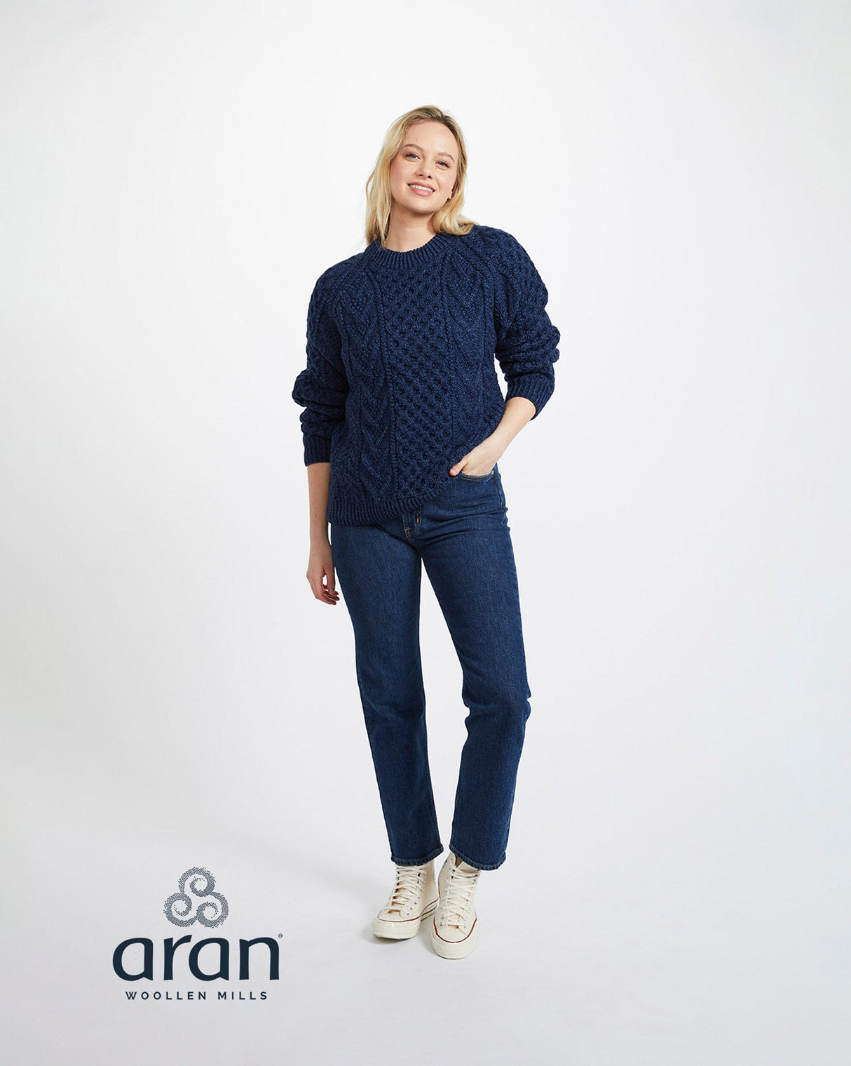 Navy Aran Merino Wool Honeycomb Knit Sweater