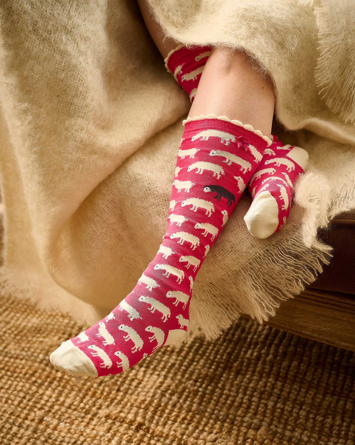 Sheep On Pink Knee Socks